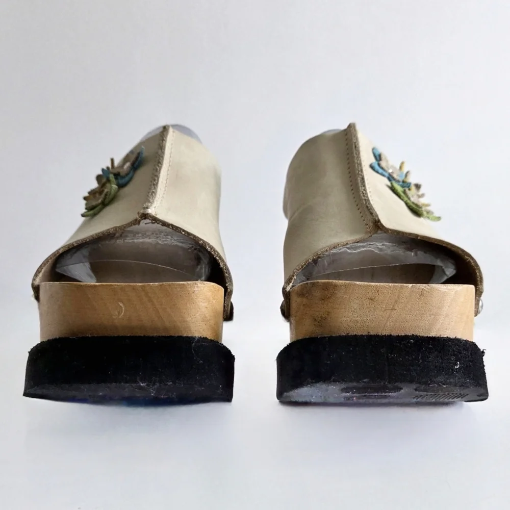Thick Wood Platforms With Flower, Soft Floppy Leather Uppers & Silver Studs 7.5